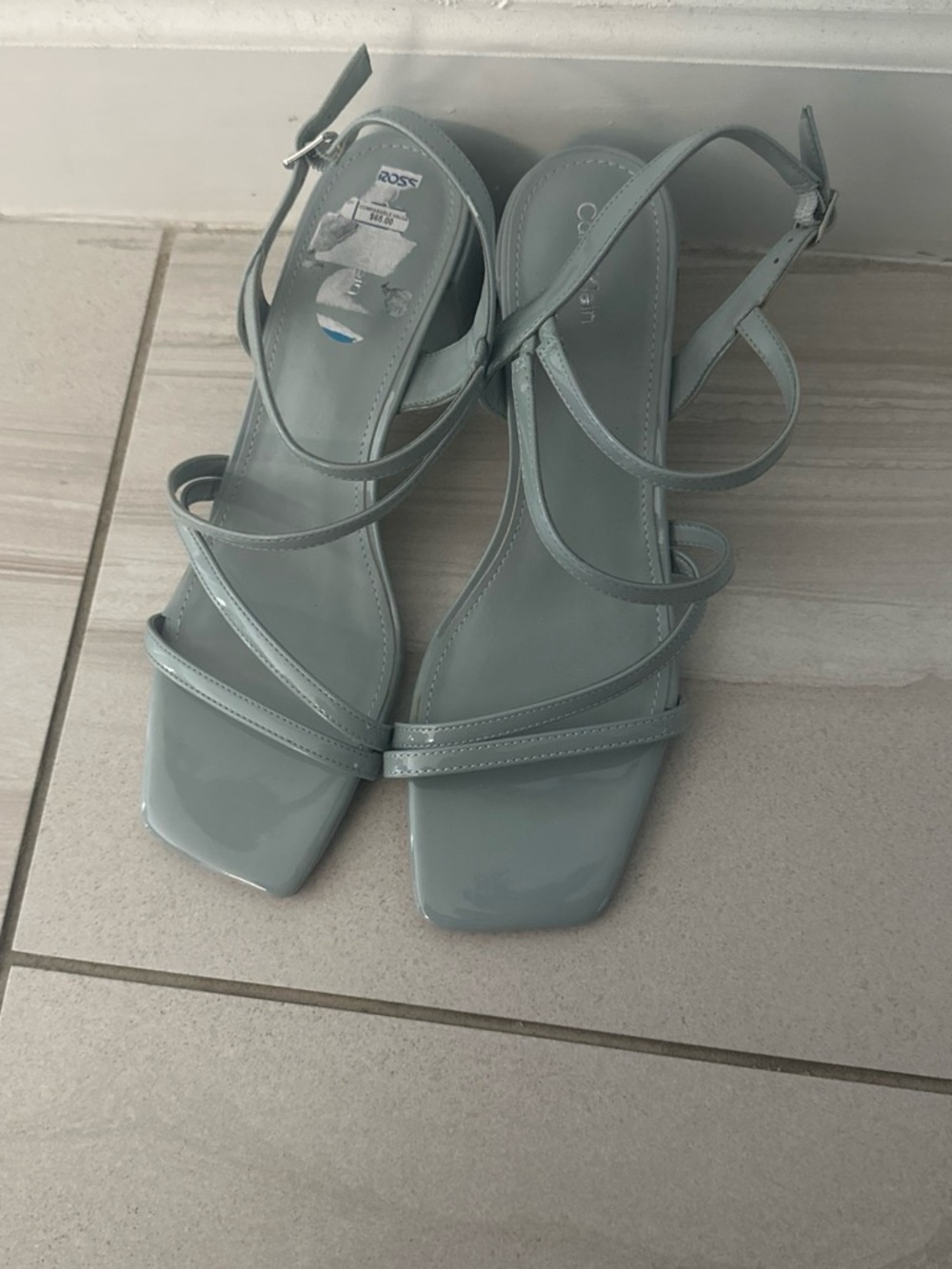 Women's Strappy Patent Square-Toe Sandals in Light blue Gray